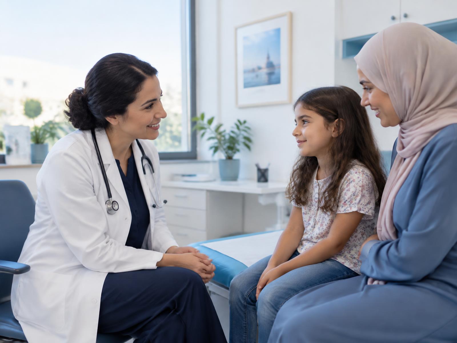 Illustration d’une consultation médicale rassurante avec un enfant accompagné de sa mère